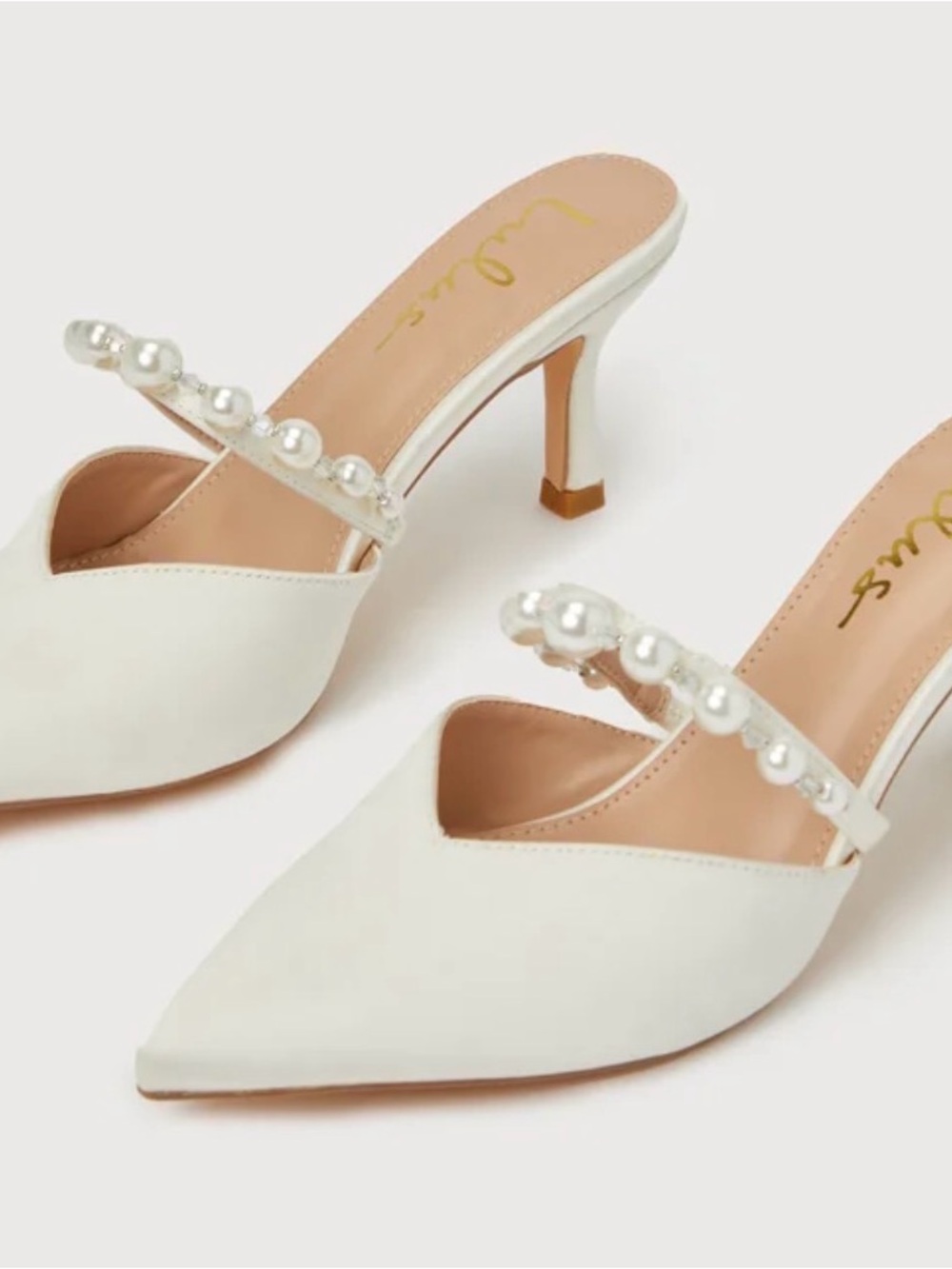 Lulu's White Pearl-Embellished Pointed Mule Heels